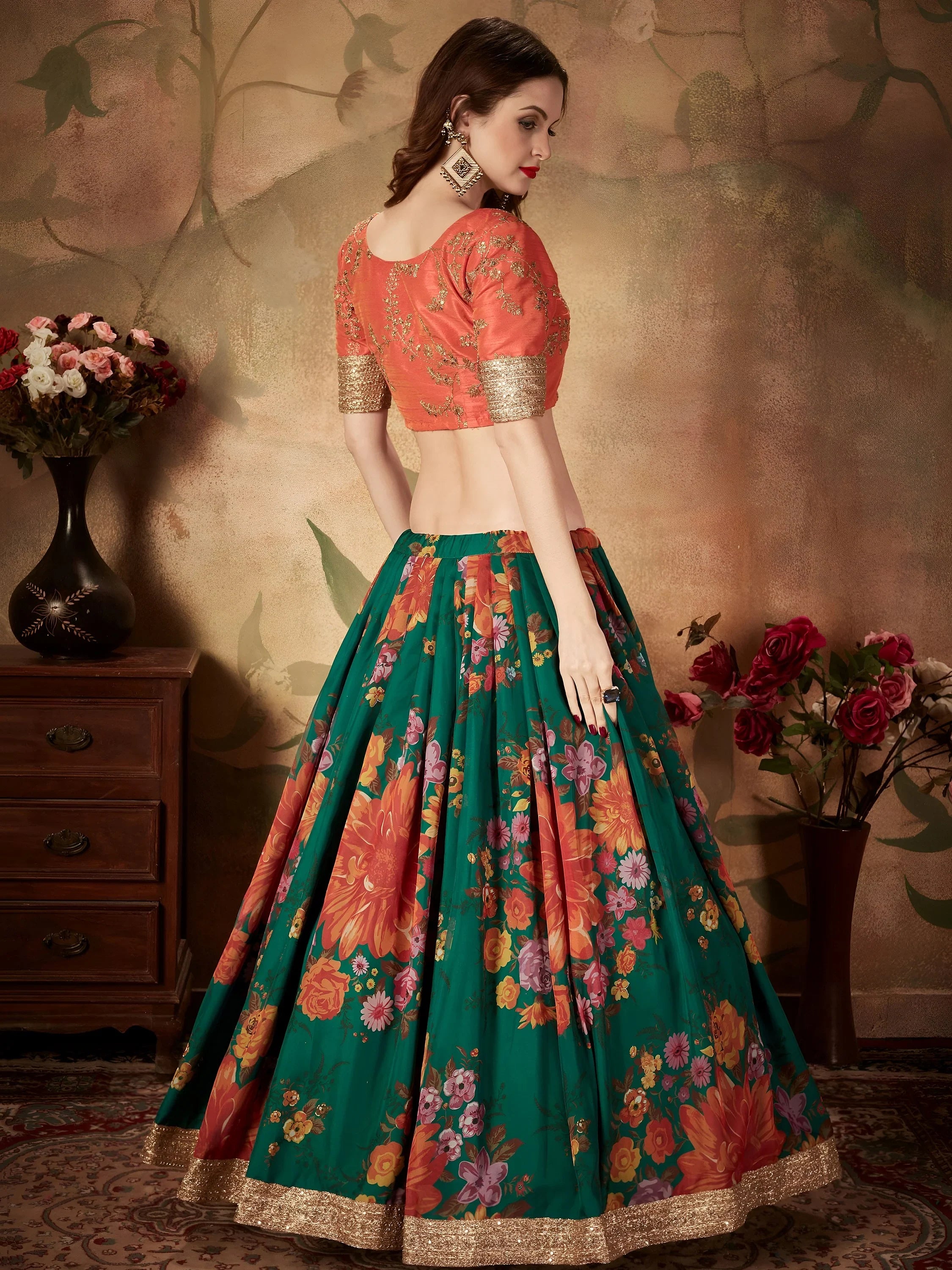 Green Floral Digital Printed Organza Bridal Lehenga Choli