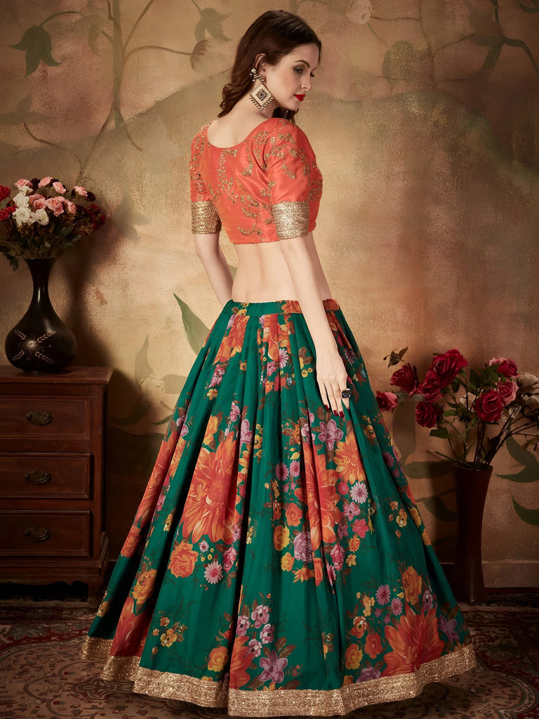 Marvelous Green Printed Organza Festival Wear Plus Size Lehenga Choli