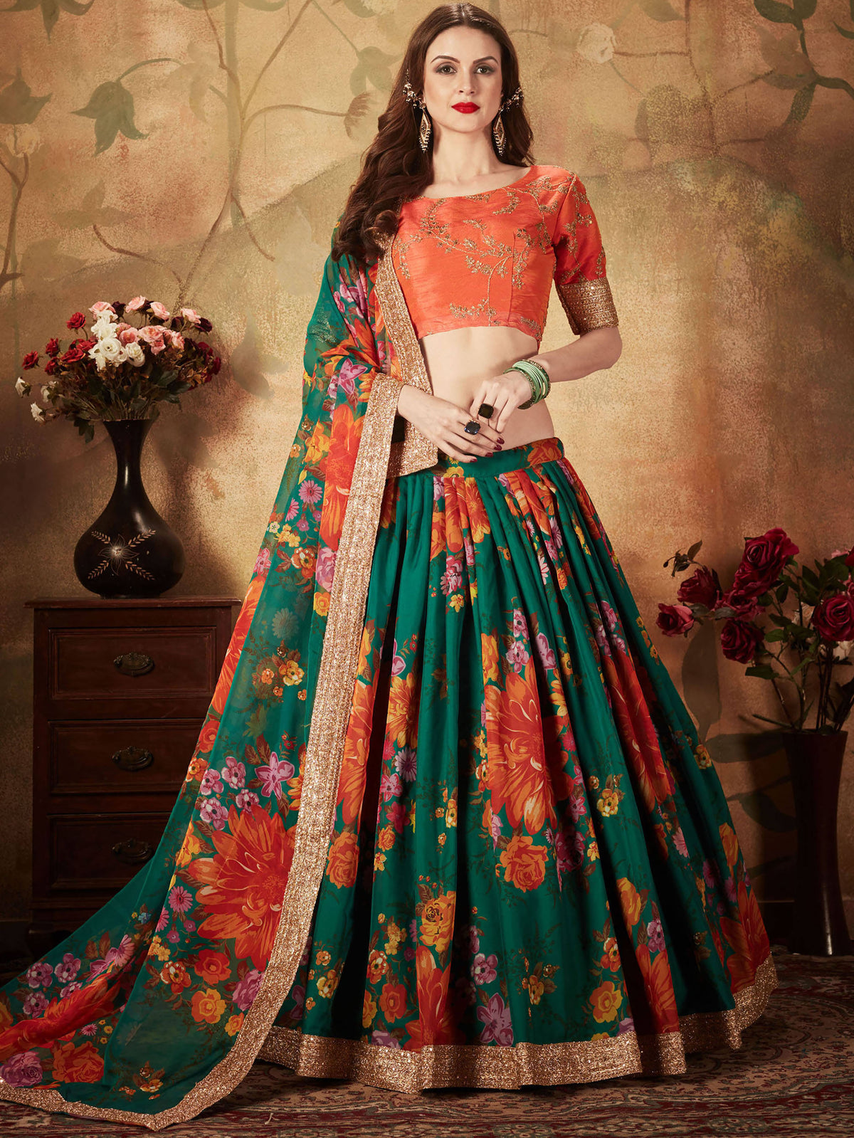 Marvelous Green Printed Organza Festival Wear Plus Size Lehenga Choli
