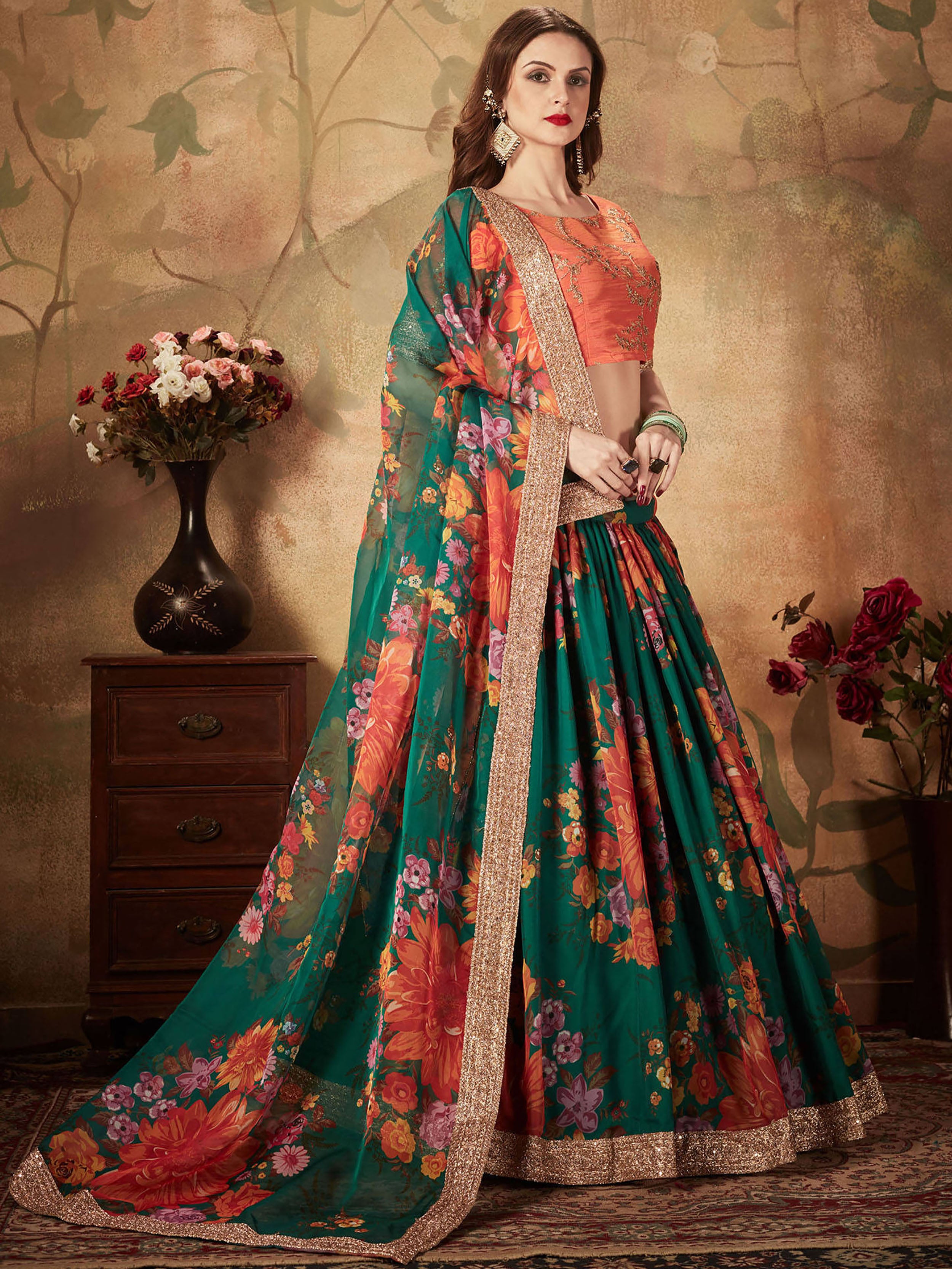 Marvelous Green Printed Organza Festival Wear Plus Size Lehenga Choli