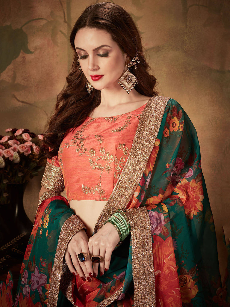 Marvelous Green Printed Organza Festival Wear Plus Size Lehenga Choli