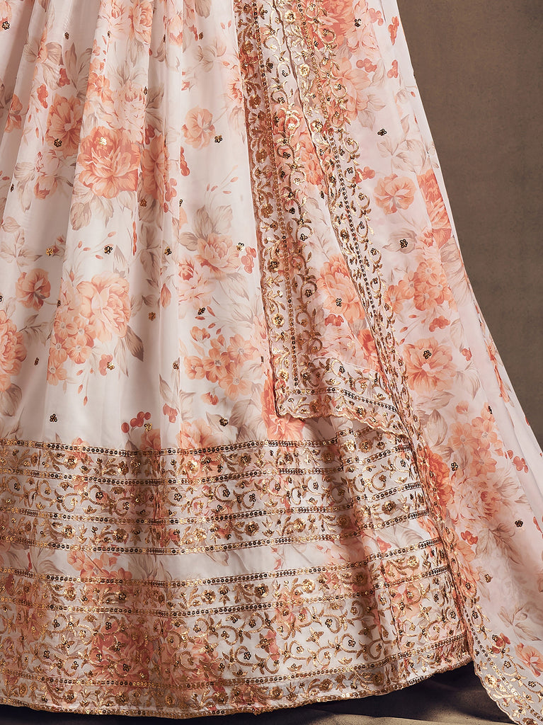 Pretty Off-White Printed Organza Festival Wear Plus Size Lehenga Choli