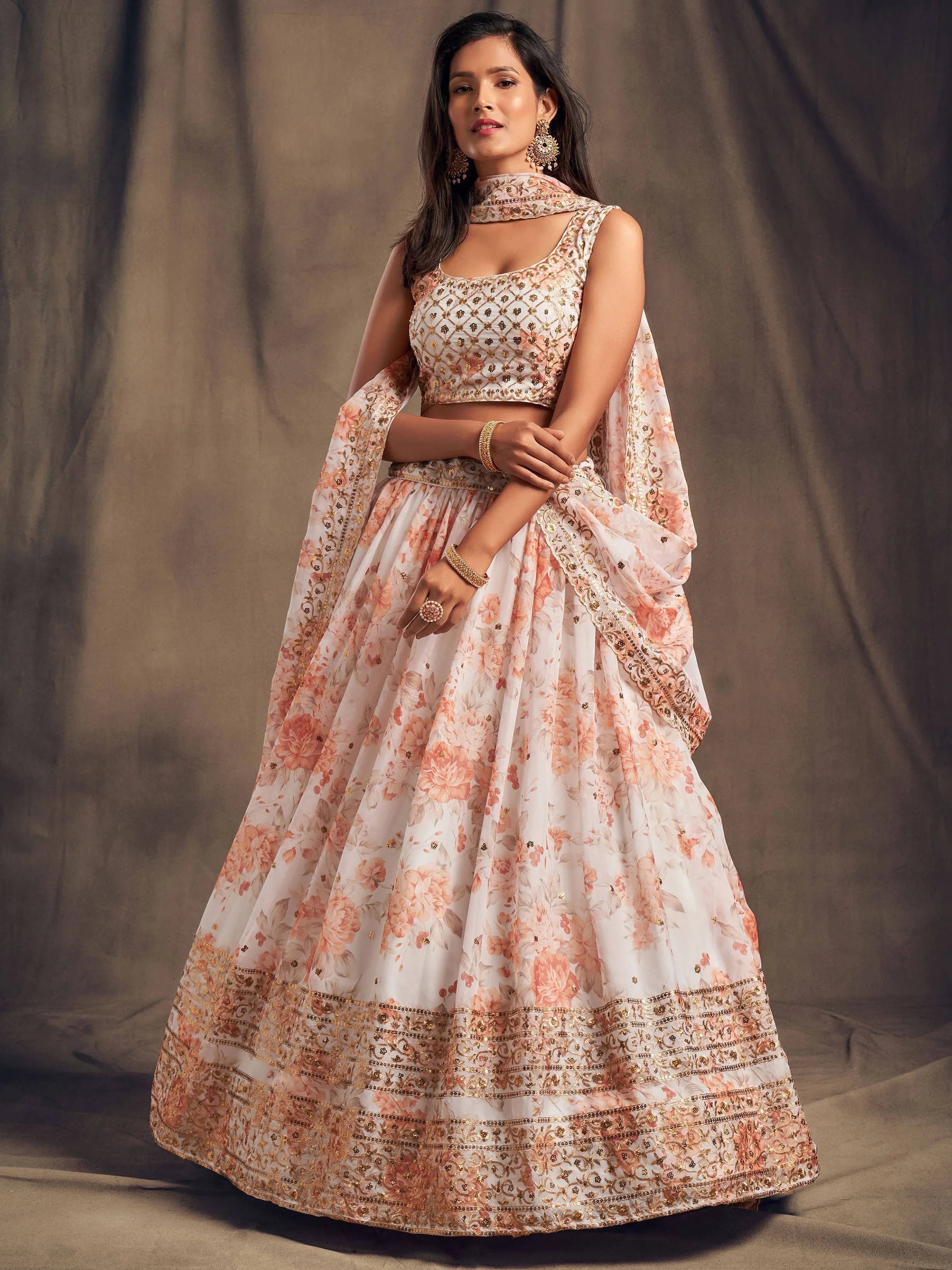 White Floral Embroidered Organza Wedding Wear Lehenga Choli