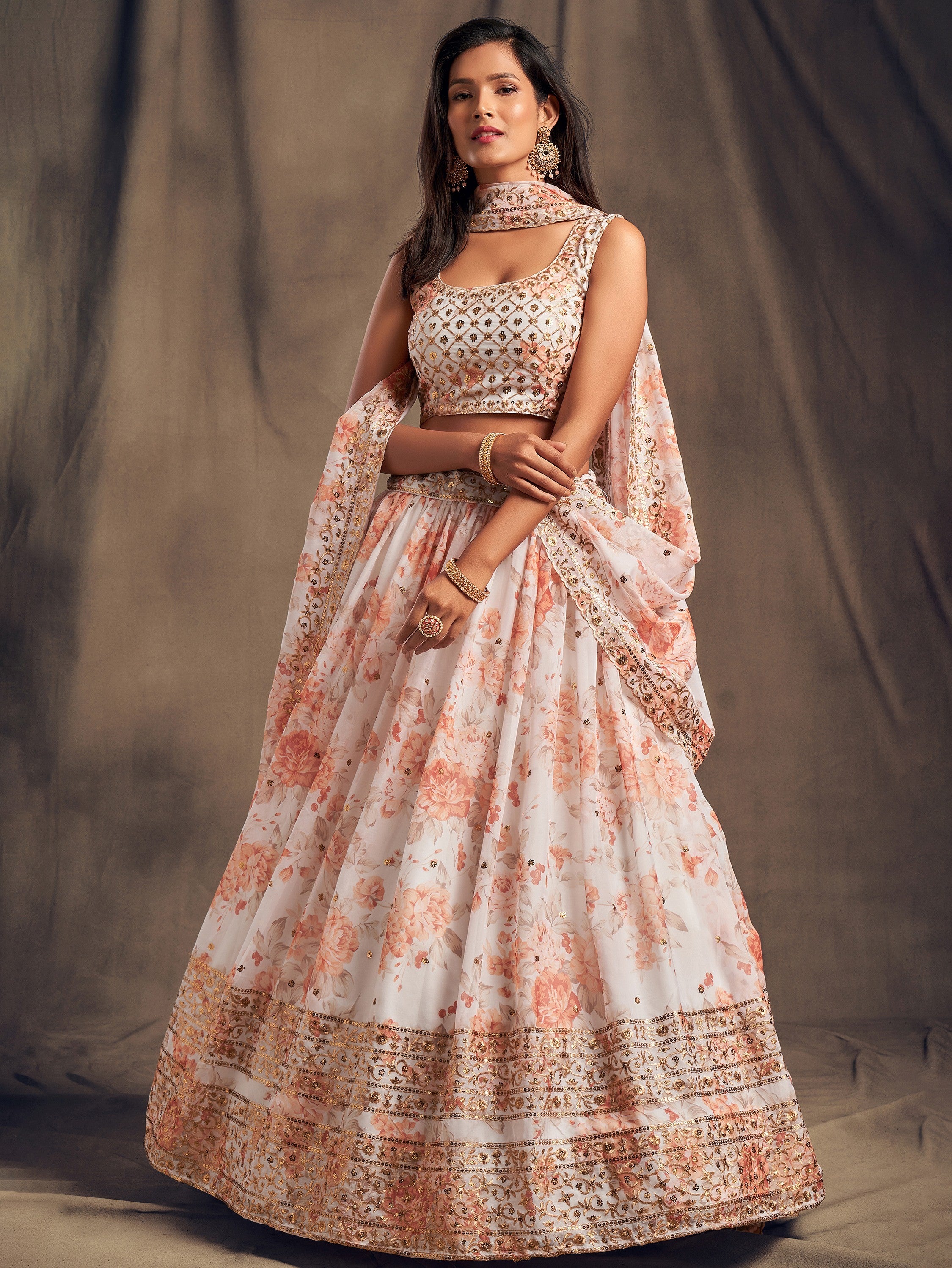 Pretty Off-White Printed Organza Festival Wear Plus Size Lehenga Choli