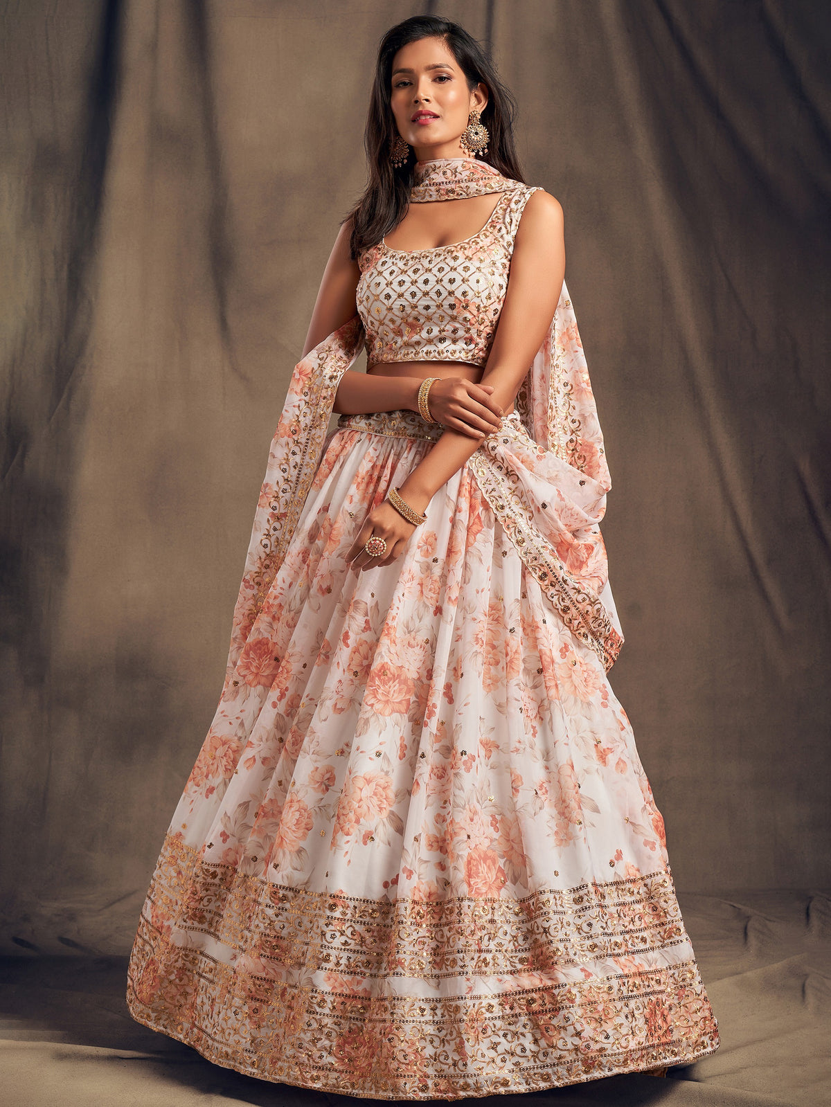 Pretty Off-White Printed Organza Festival Wear Plus Size Lehenga Choli