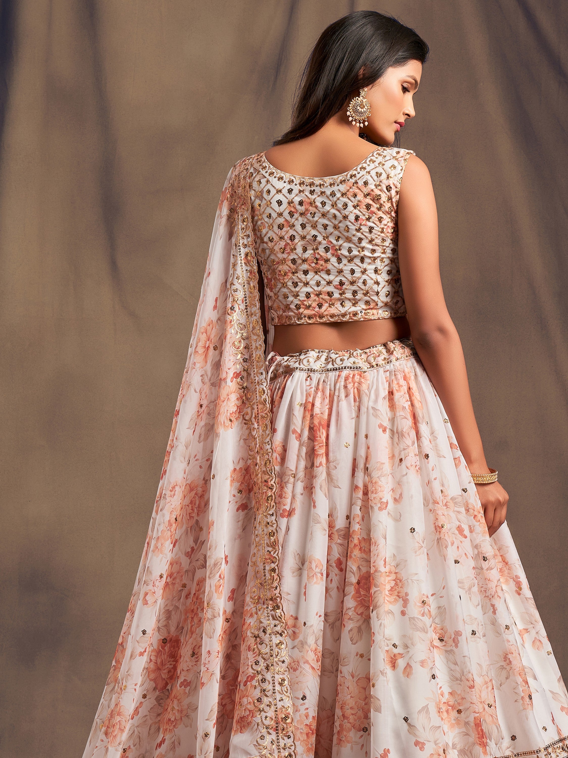 Pretty Off-White Printed Organza Festival Wear Plus Size Lehenga Choli