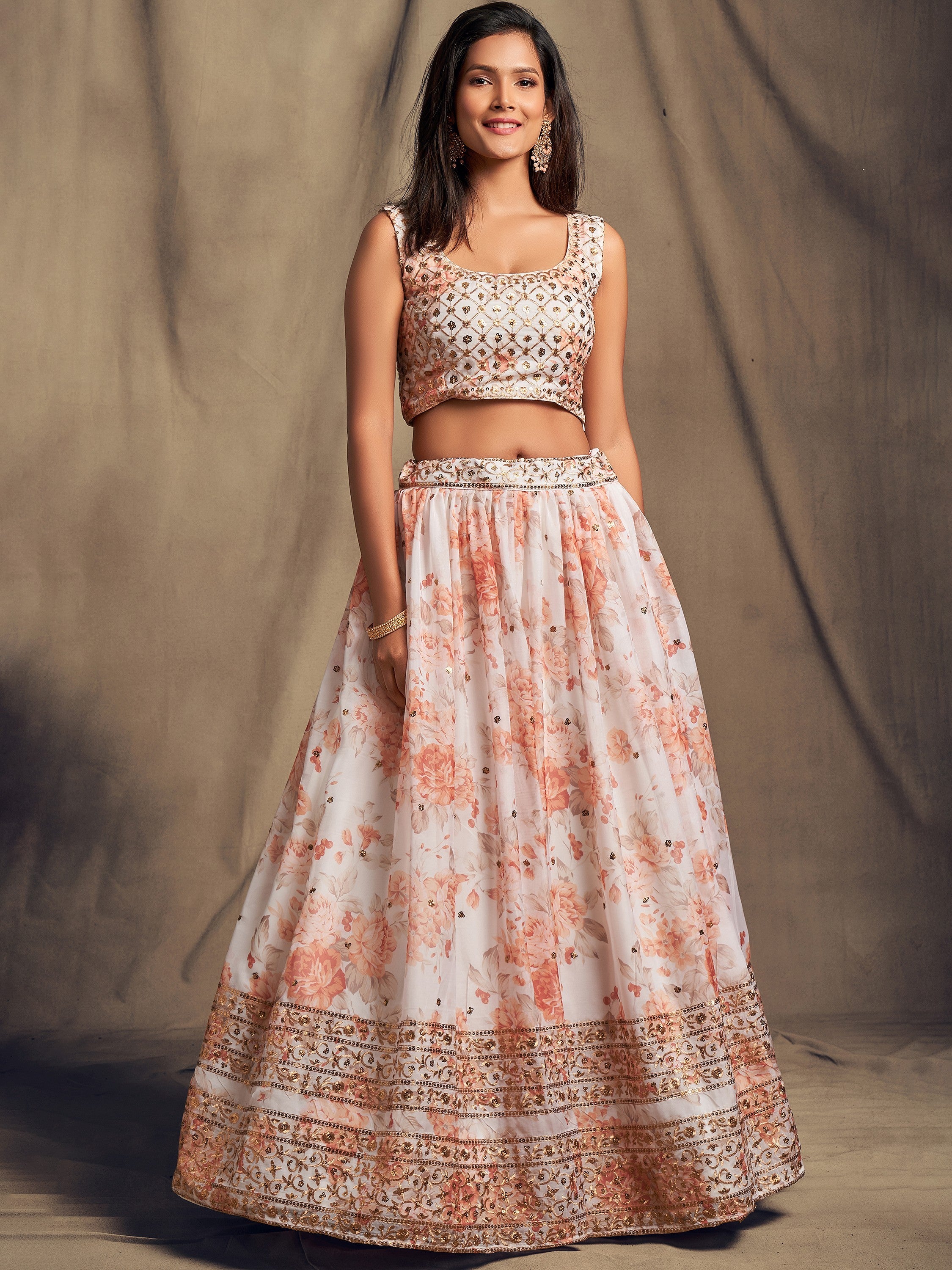 Pretty Off-White Printed Organza Festival Wear Plus Size Lehenga Choli