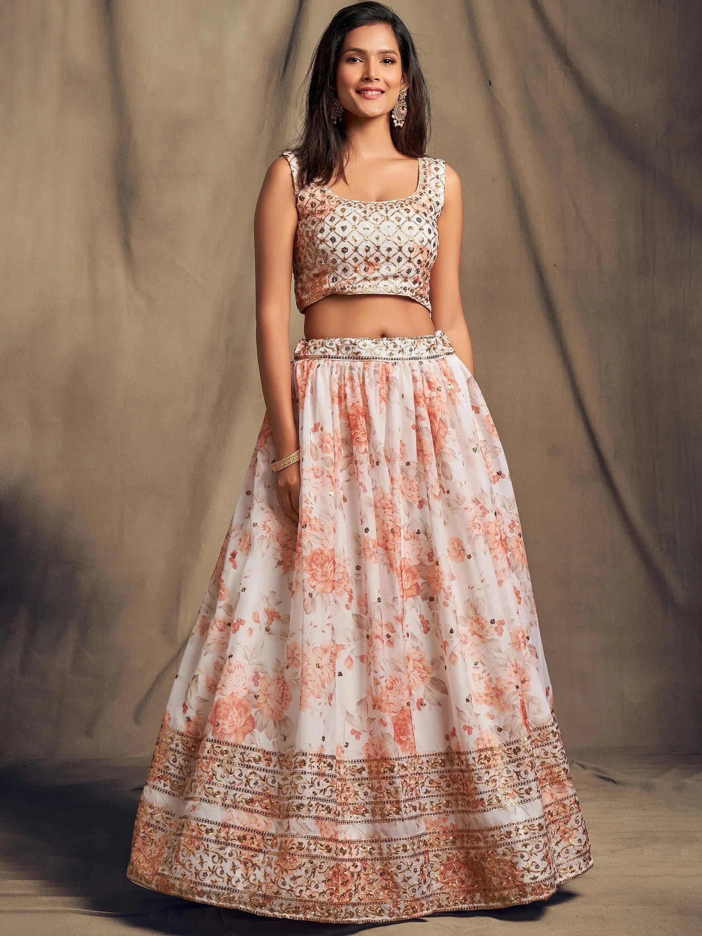 Pretty Off-White Printed Organza Festival Wear Plus Size Lehenga Choli