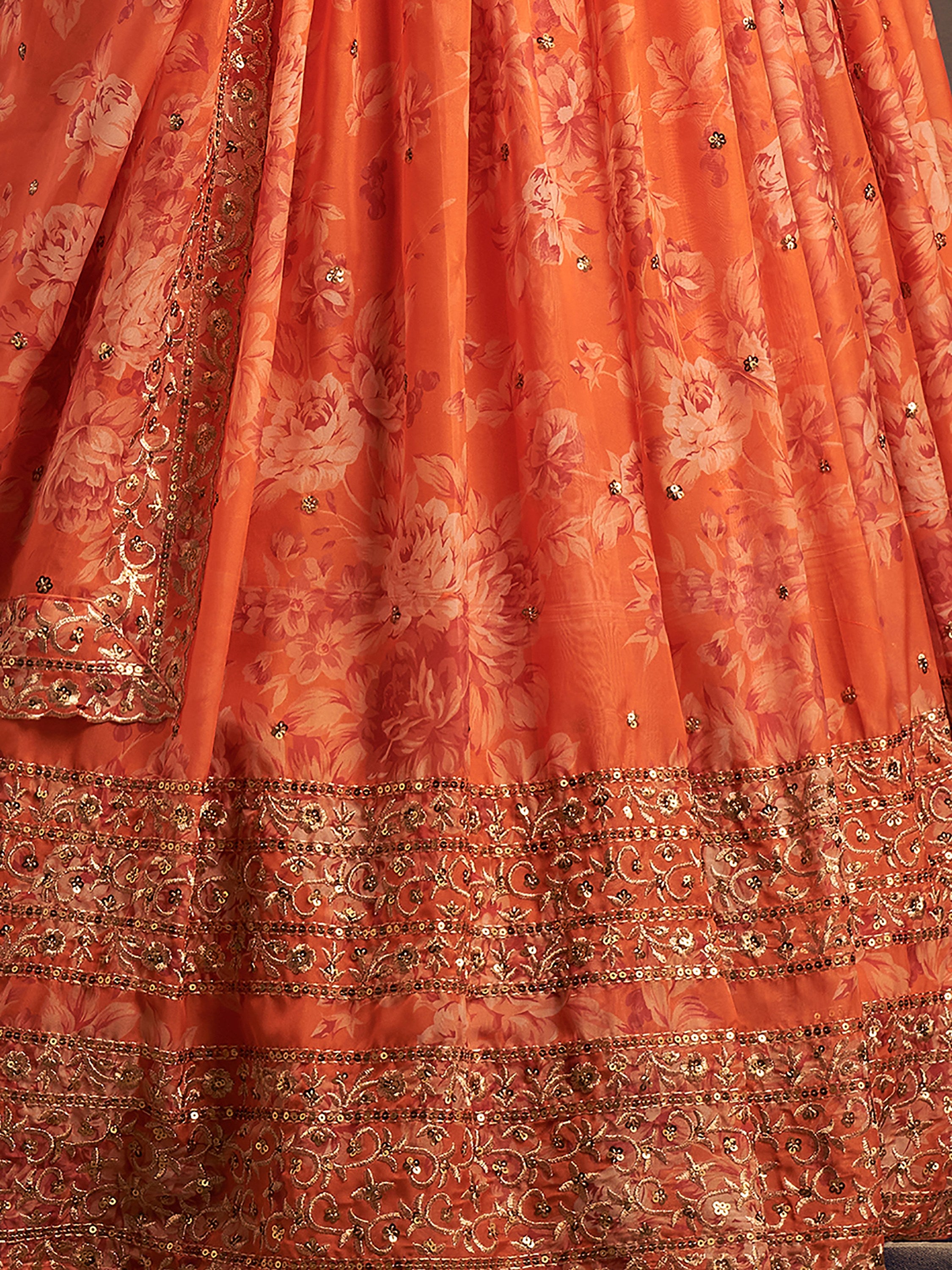 Adorable Orange Printed Organza Wedding Wear Plus Size Lehenga Choli