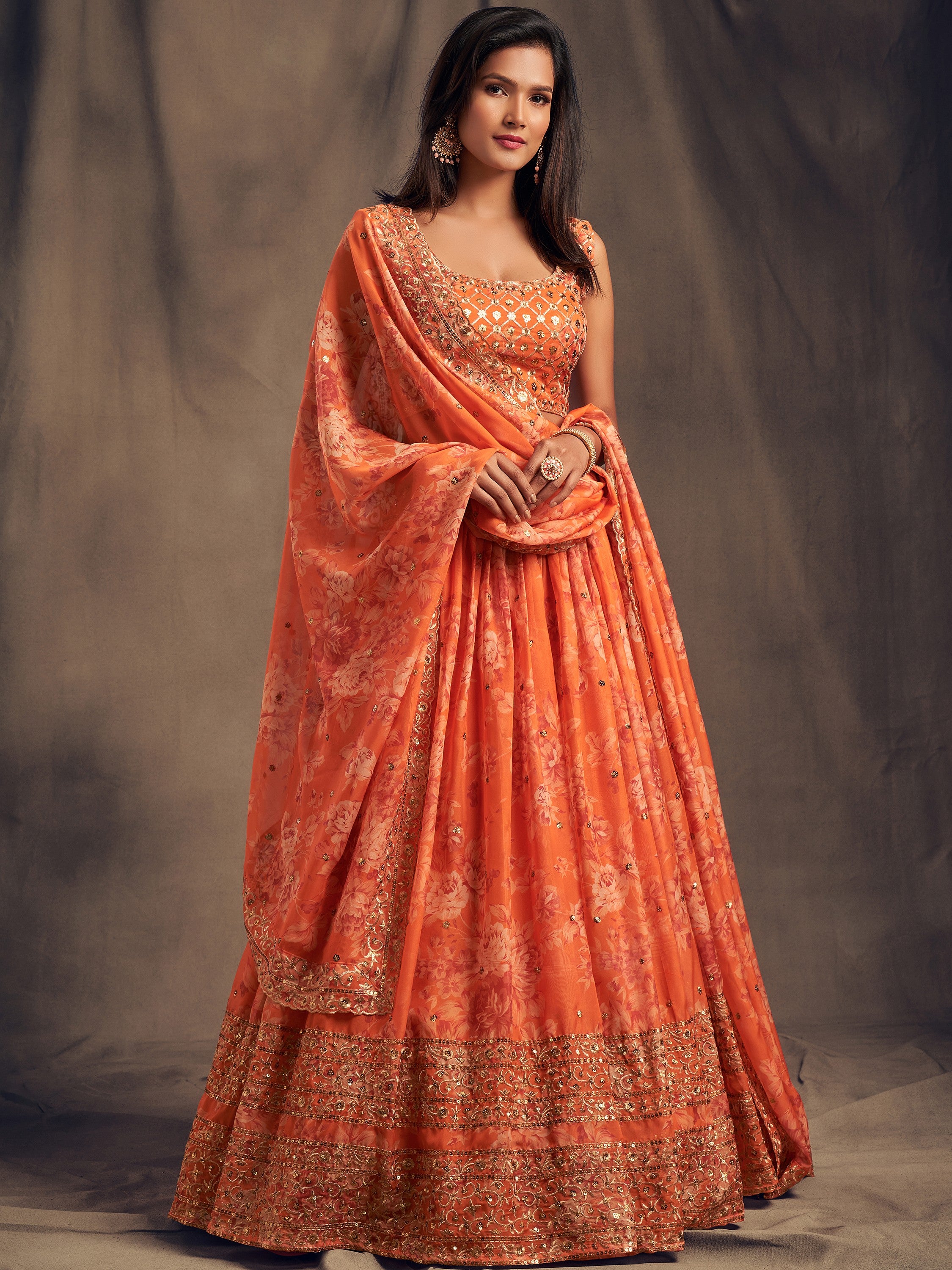 Adorable Orange Printed Organza Wedding Wear Plus Size Lehenga Choli