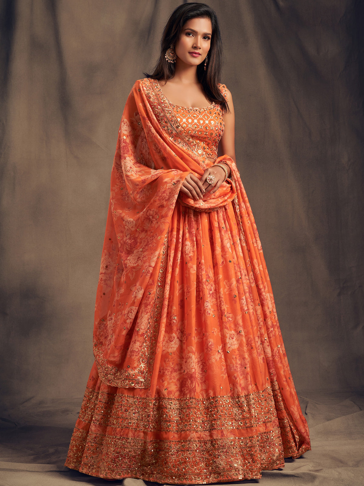 Adorable Orange Printed Organza Wedding Wear Plus Size Lehenga Choli