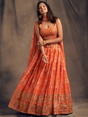 Adorable Orange Printed Organza Wedding Wear Plus Size Lehenga Choli