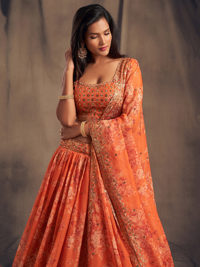 Adorable Orange Printed Organza Wedding Wear Plus Size Lehenga Choli