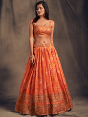 Adorable Orange Printed Organza Wedding Wear Plus Size Lehenga Choli