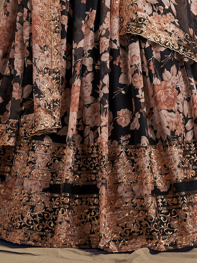 Wonderful Black Printed Organza Sangeet Wear Plus Size Lehenga Choli