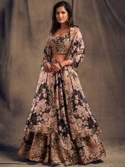 Wonderful Black Printed Organza Sangeet Wear Plus Size Lehenga Choli