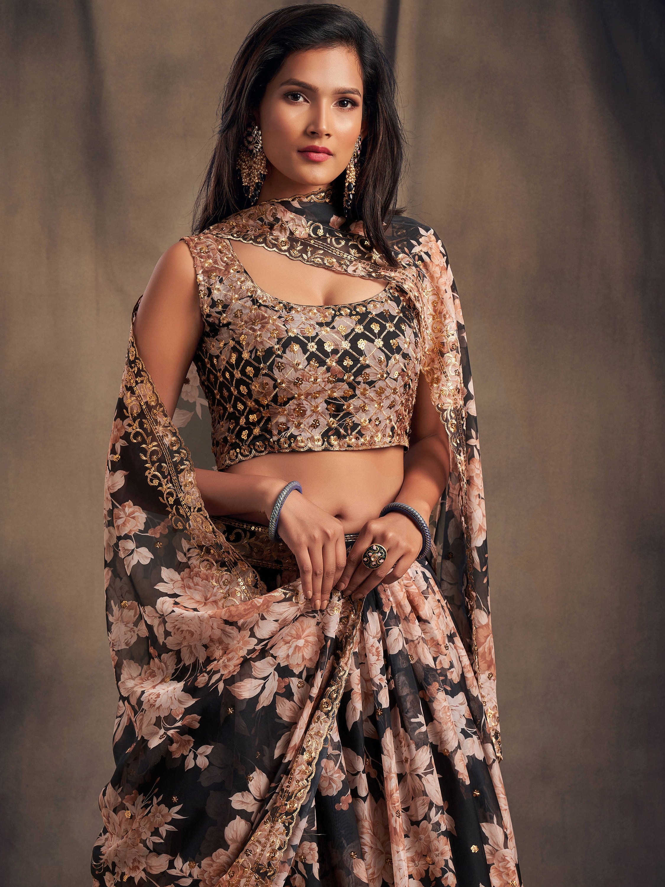 Wonderful Black Printed Organza Sangeet Wear Plus Size Lehenga Choli