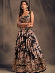Wonderful Black Printed Organza Sangeet Wear Plus Size Lehenga Choli