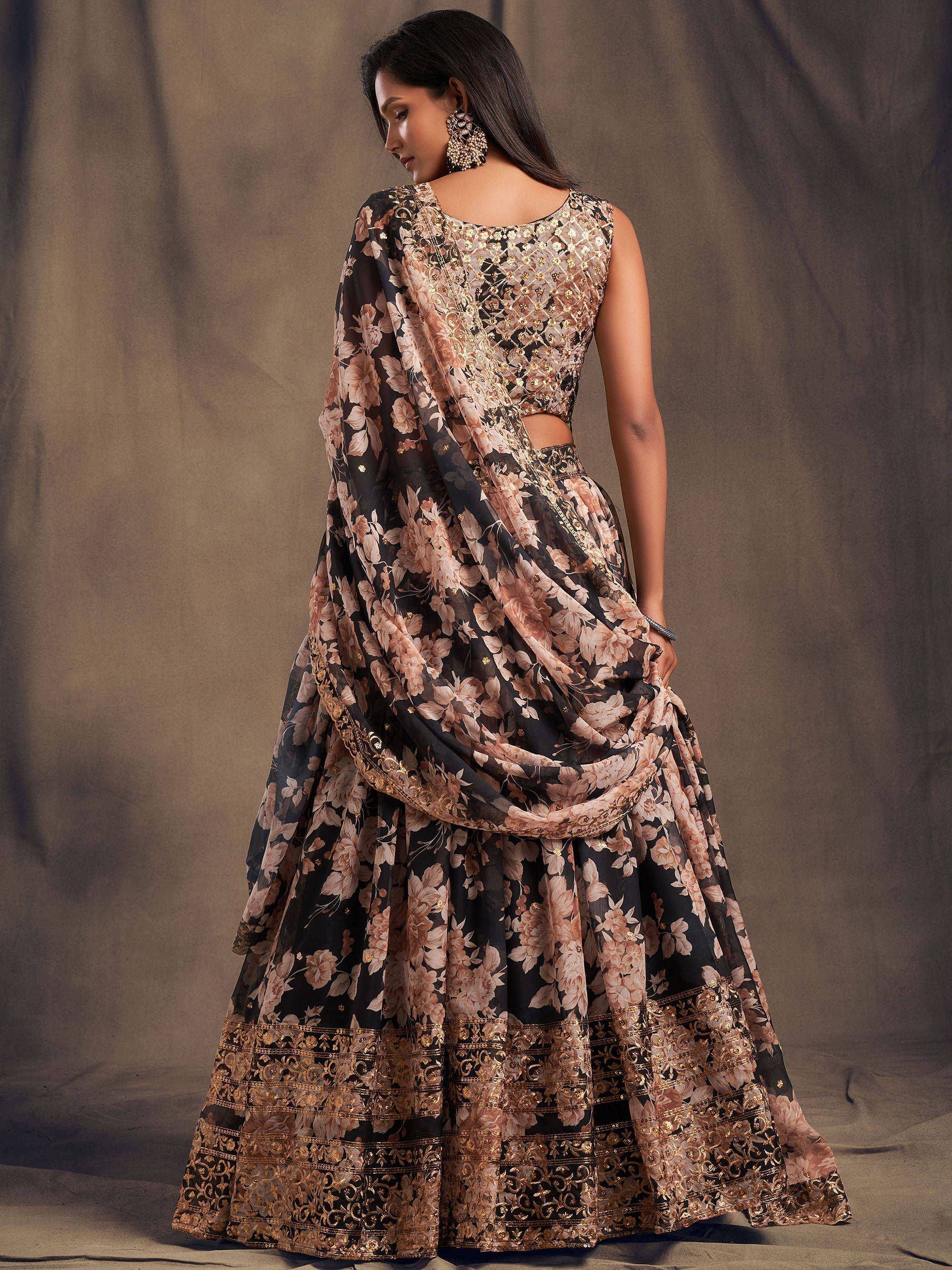 Black and gold floral lehenga choli with embroidered dupatta, Indian ethnic wear for women
