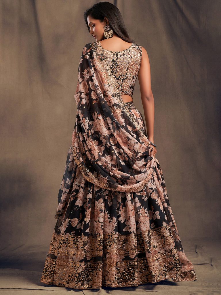 Wonderful Black Printed Organza Sangeet Wear Plus Size Lehenga Choli