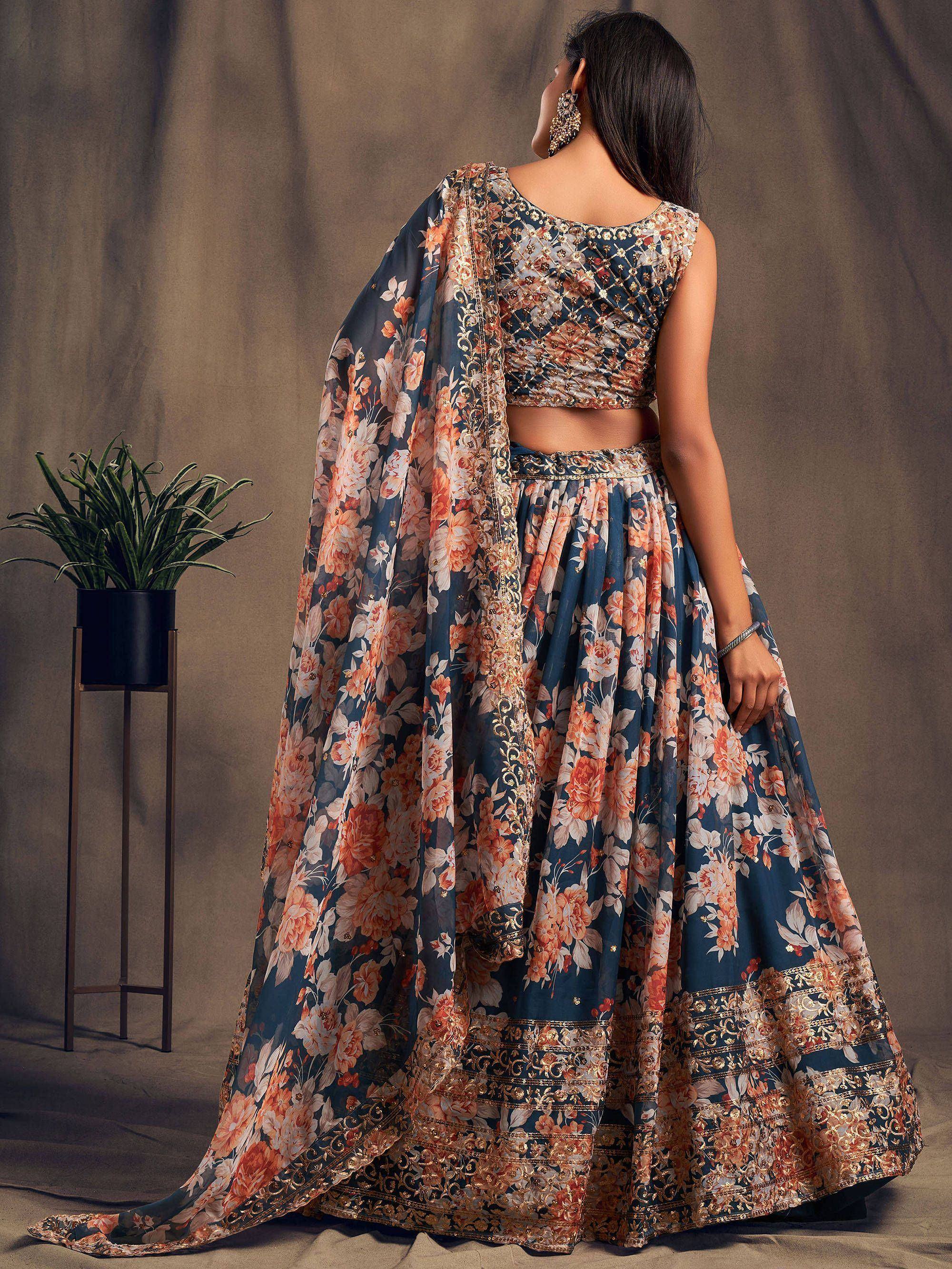 Floral print lehenga choli with gold embroidery, perfect for Indian ethnic wear occasions