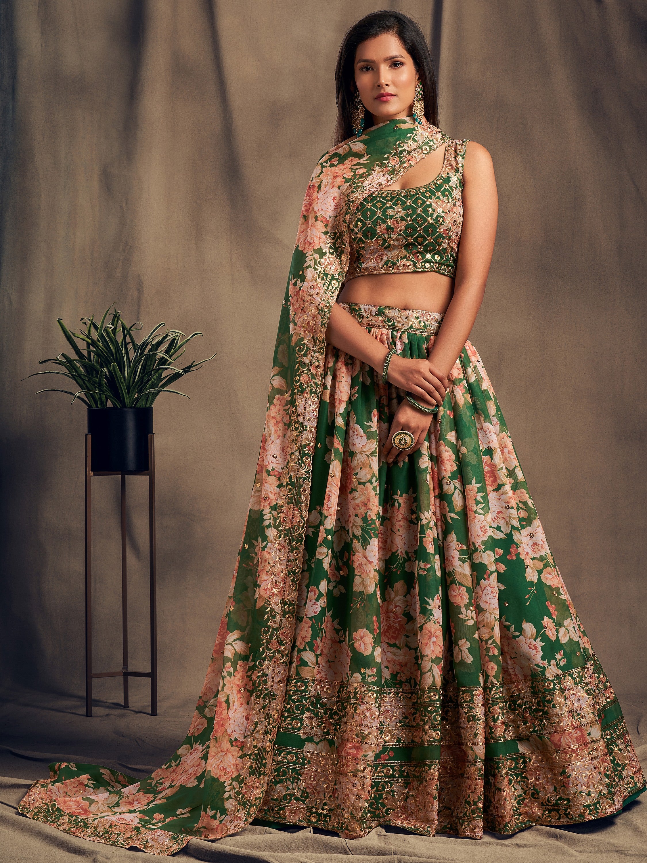 Outstanding Green Printed Organza Designer Plus Size Lehenga Choli