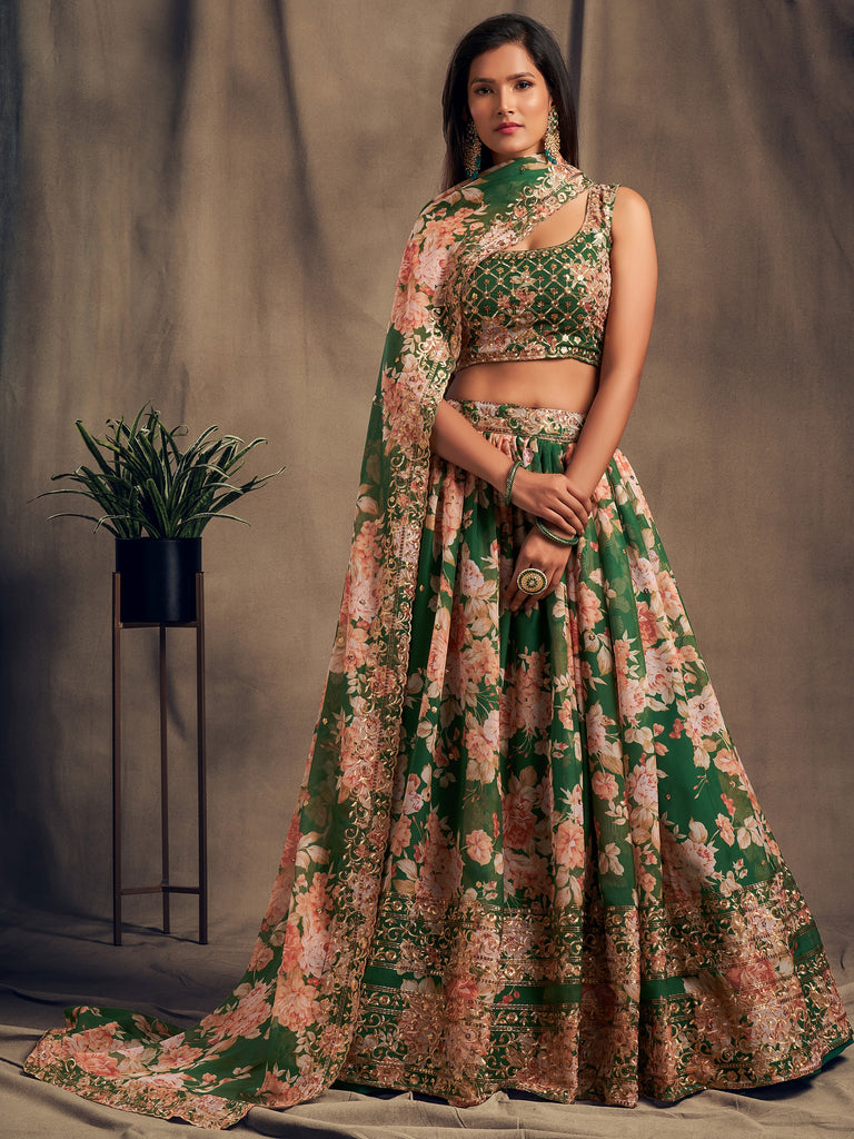 Outstanding Green Printed Organza Designer Plus Size Lehenga Choli