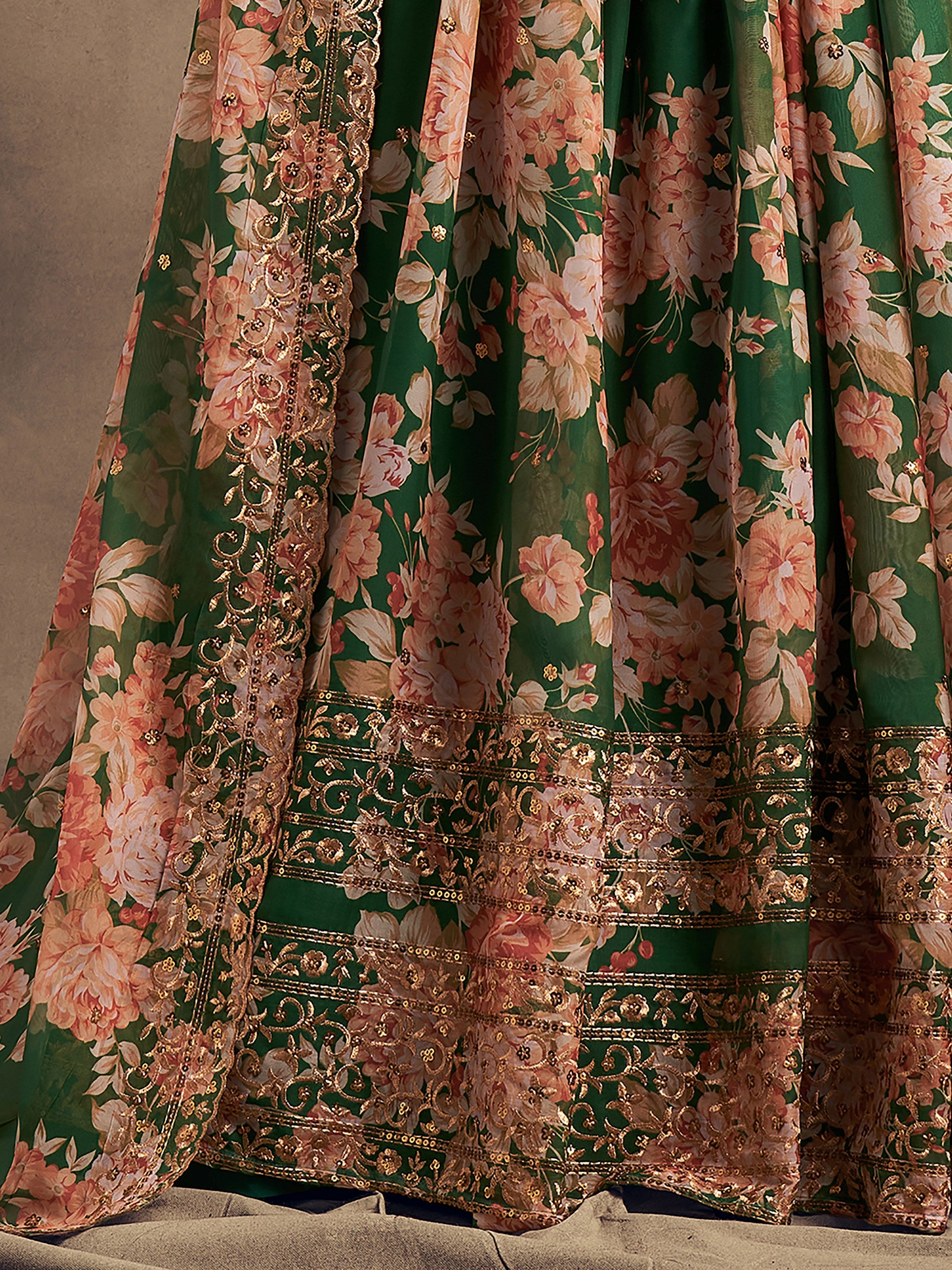 Outstanding Green Printed Organza Designer Plus Size Lehenga Choli