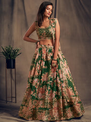 Outstanding Green Printed Organza Designer Plus Size Lehenga Choli