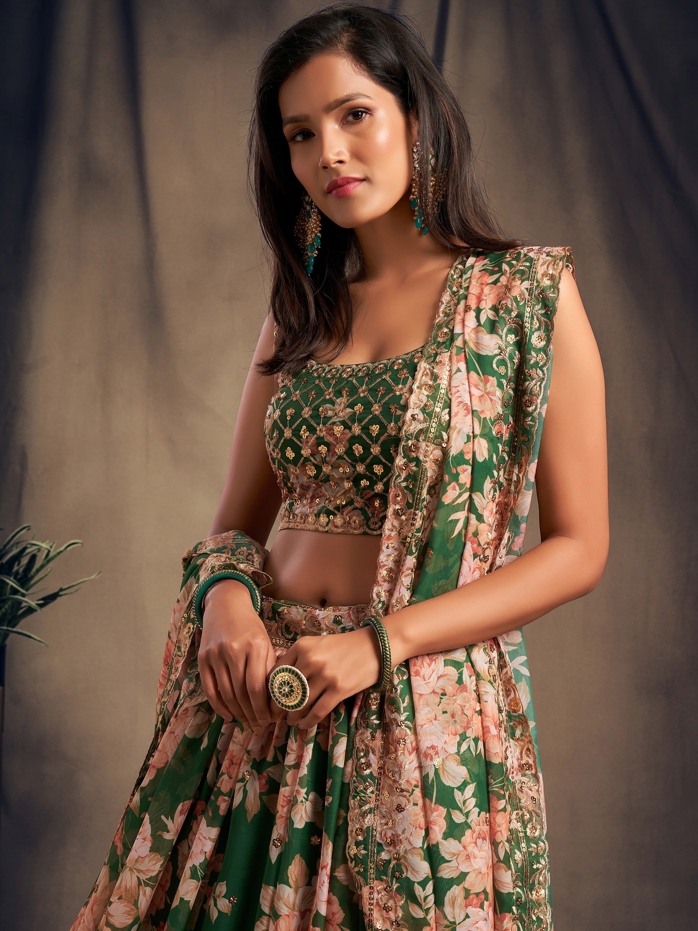 Outstanding Green Printed Organza Designer Plus Size Lehenga Choli
