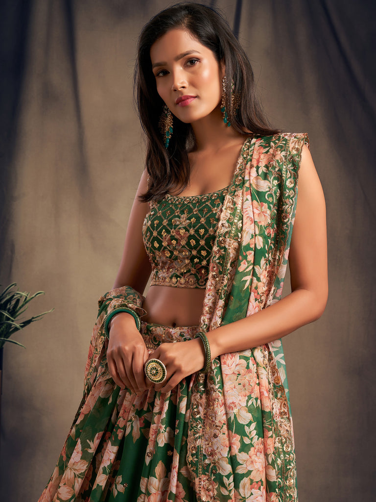 Outstanding Green Printed Organza Designer Plus Size Lehenga Choli