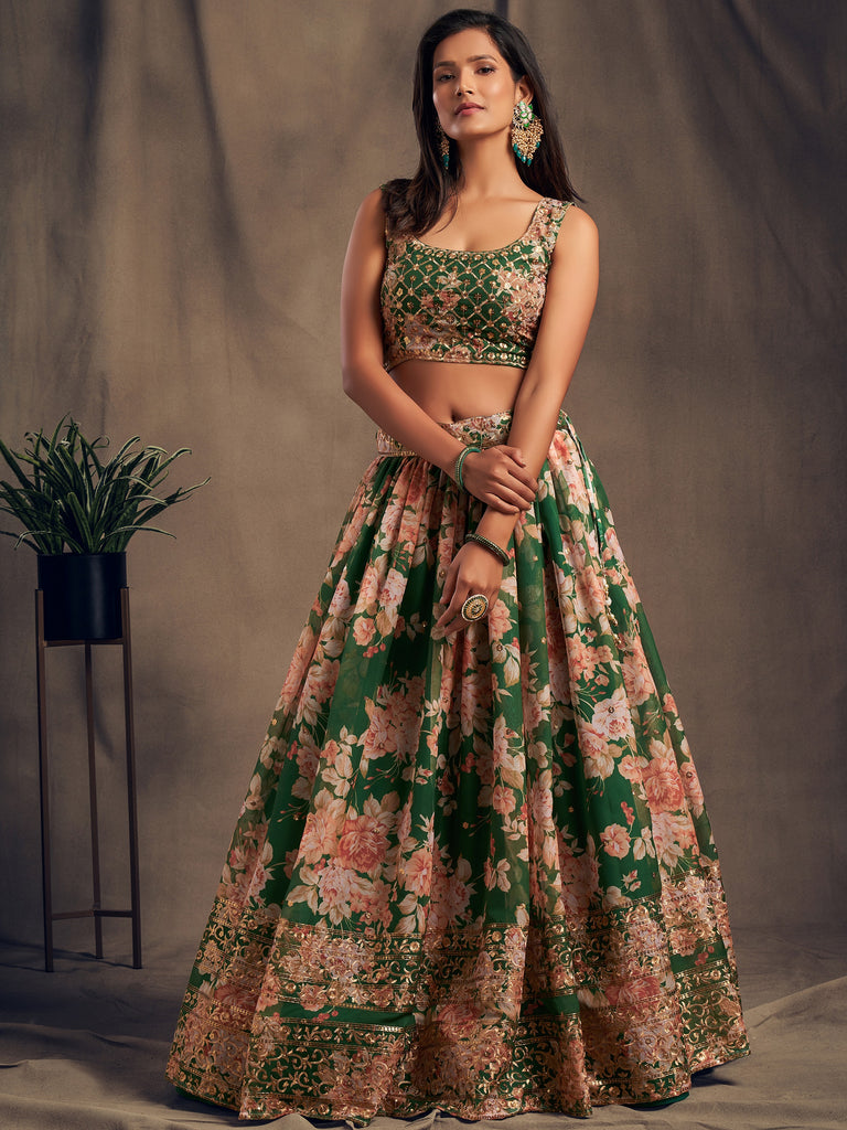 Outstanding Green Printed Organza Designer Plus Size Lehenga Choli