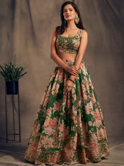 Outstanding Green Printed Organza Designer Plus Size Lehenga Choli