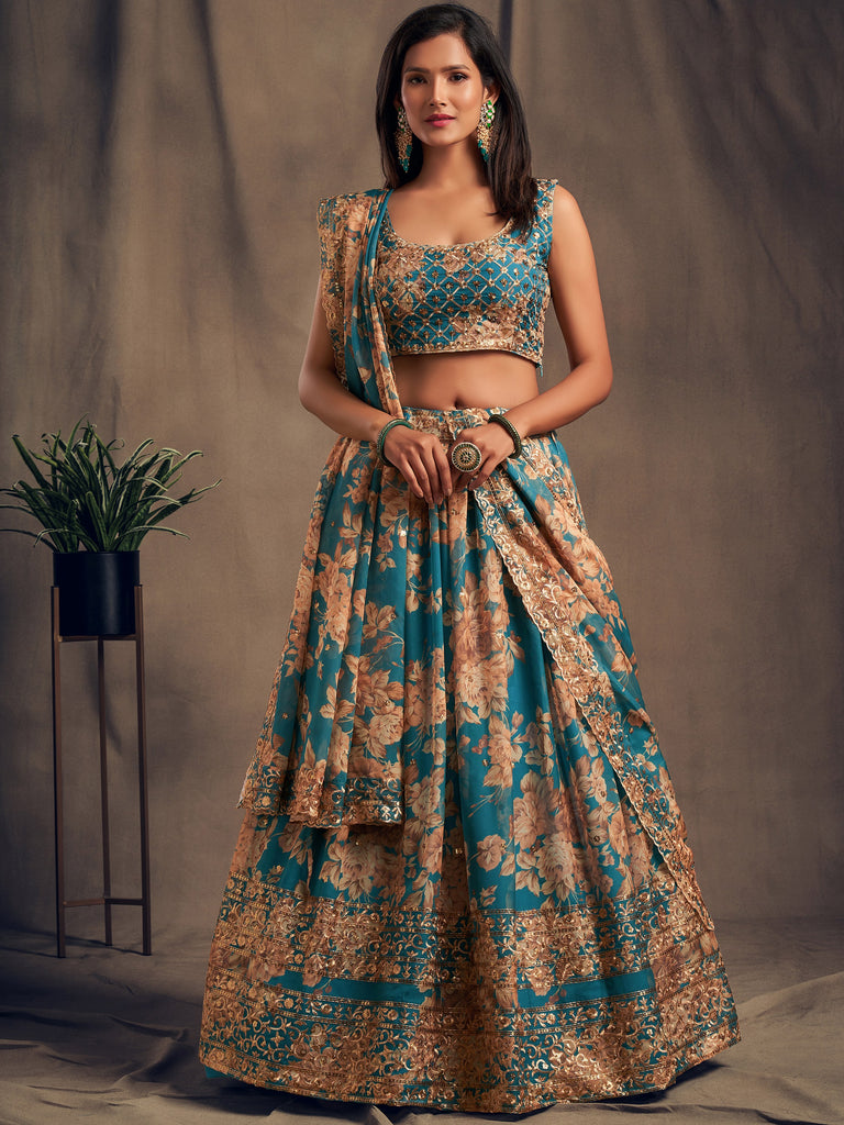 Enchanting Blue Printed Organza Sangeet Wear Plus Size Lehenga Choli