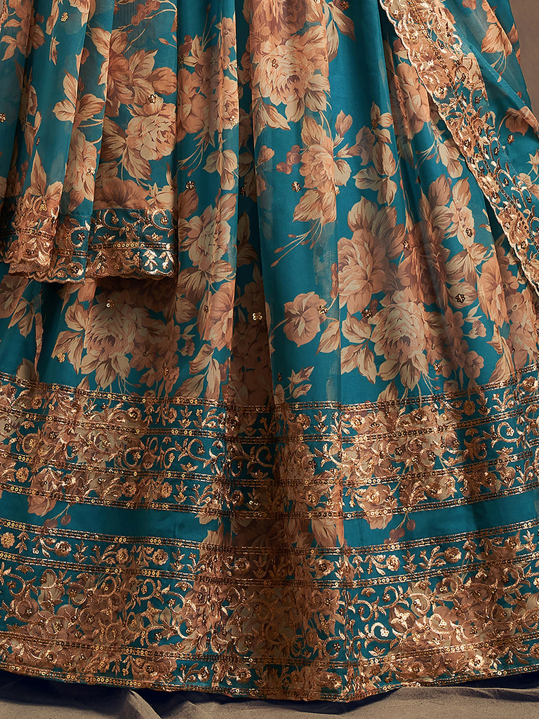 Enchanting Blue Printed Organza Sangeet Wear Plus Size Lehenga Choli