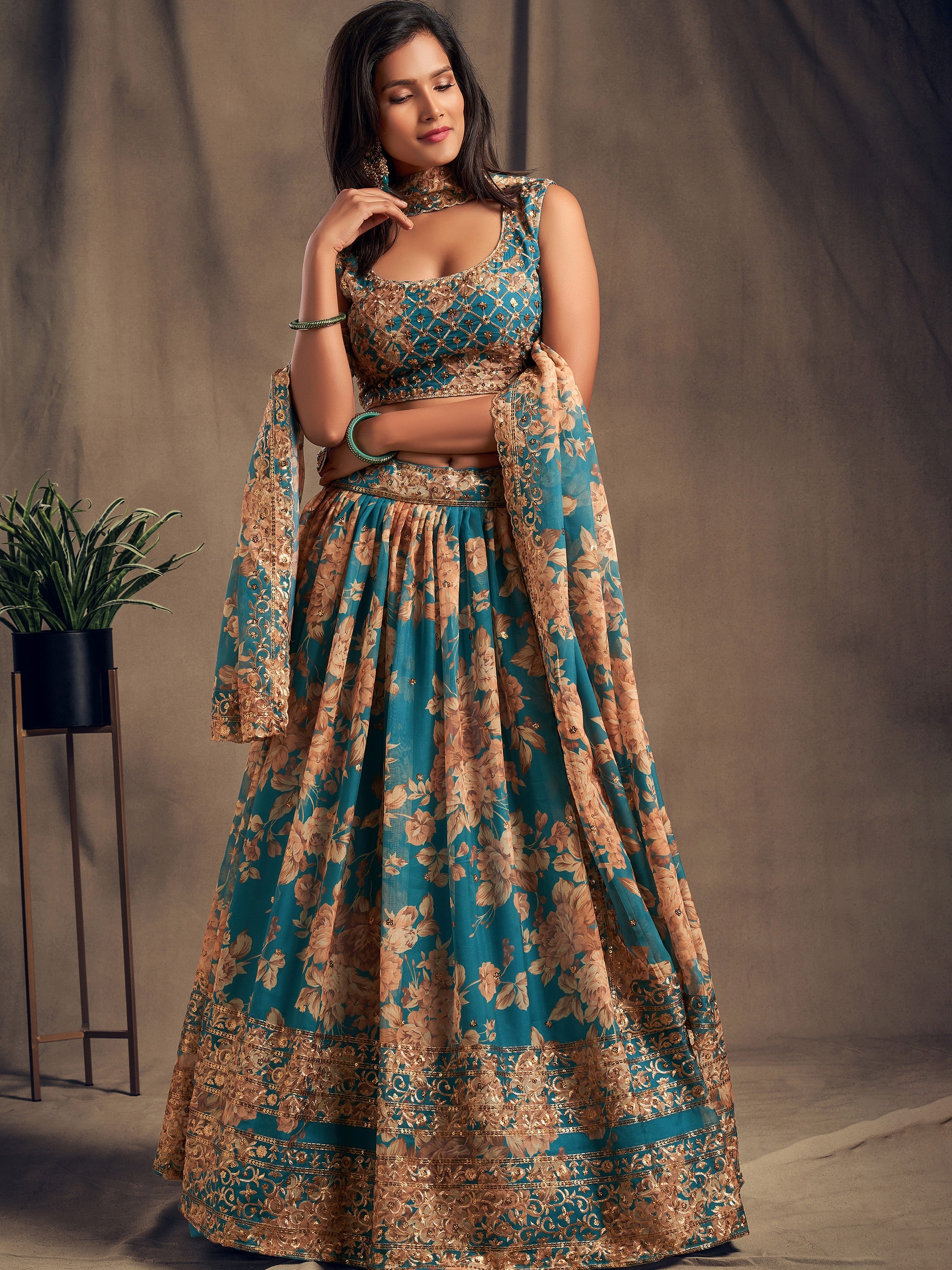 Enchanting Blue Printed Organza Sangeet Wear Plus Size Lehenga Choli