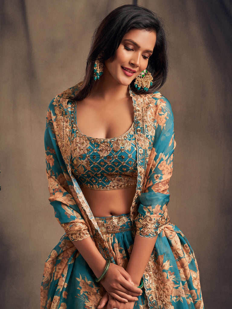 Enchanting Blue Printed Organza Sangeet Wear Plus Size Lehenga Choli