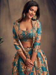 Teal Blue Floral Embroidered Organza Wedding Wear Lehenga Choli