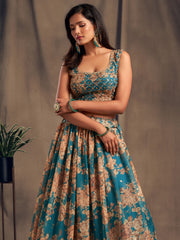 Enchanting Blue Printed Organza Sangeet Wear Plus Size Lehenga Choli