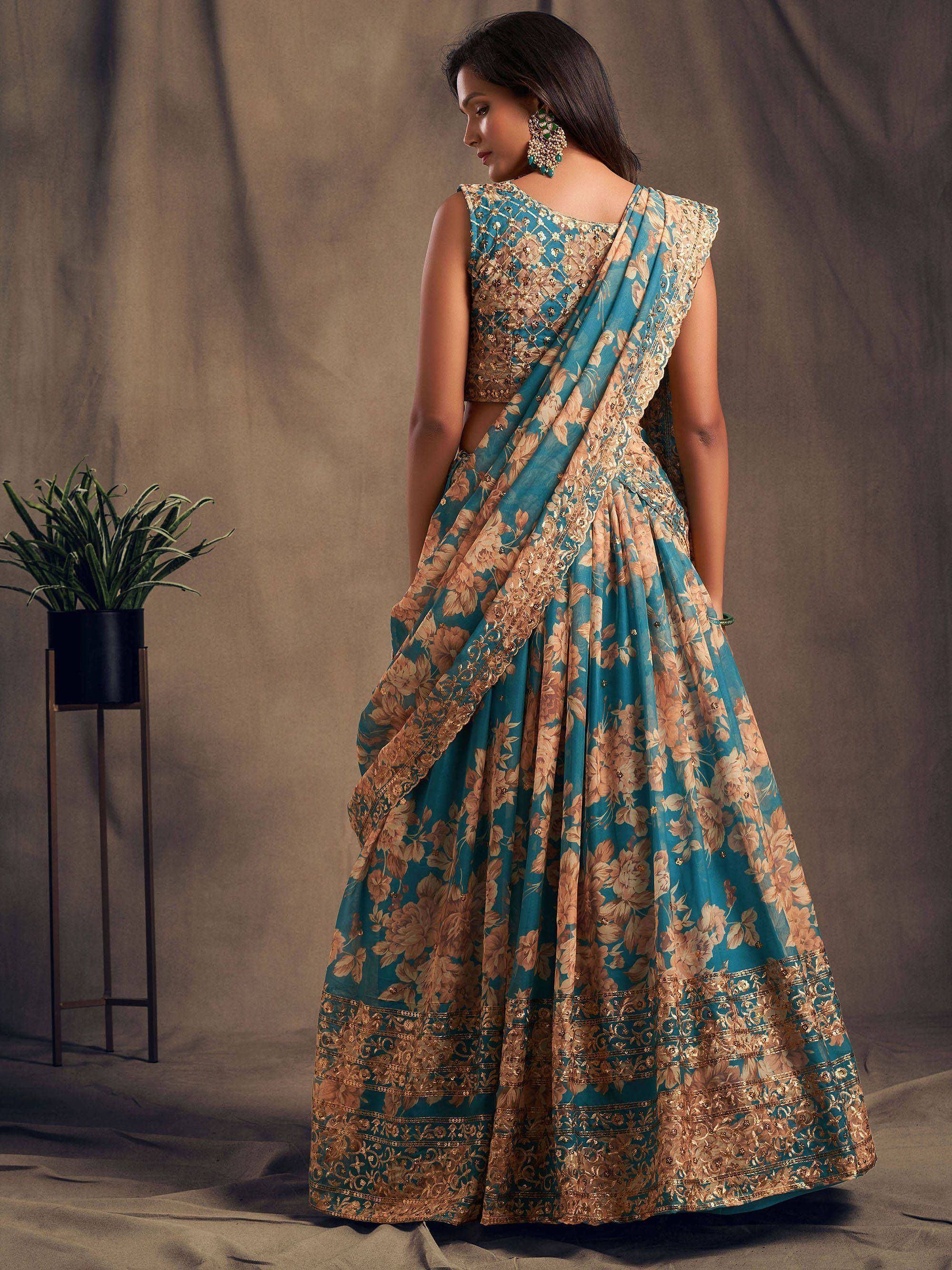 Teal floral lehenga choli with gold embroidery, back view, ethnic Indian wear