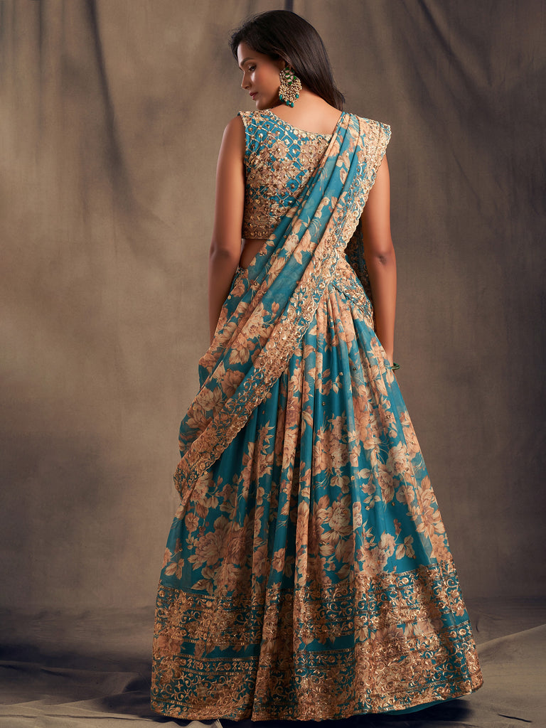 Enchanting Blue Printed Organza Sangeet Wear Plus Size Lehenga Choli