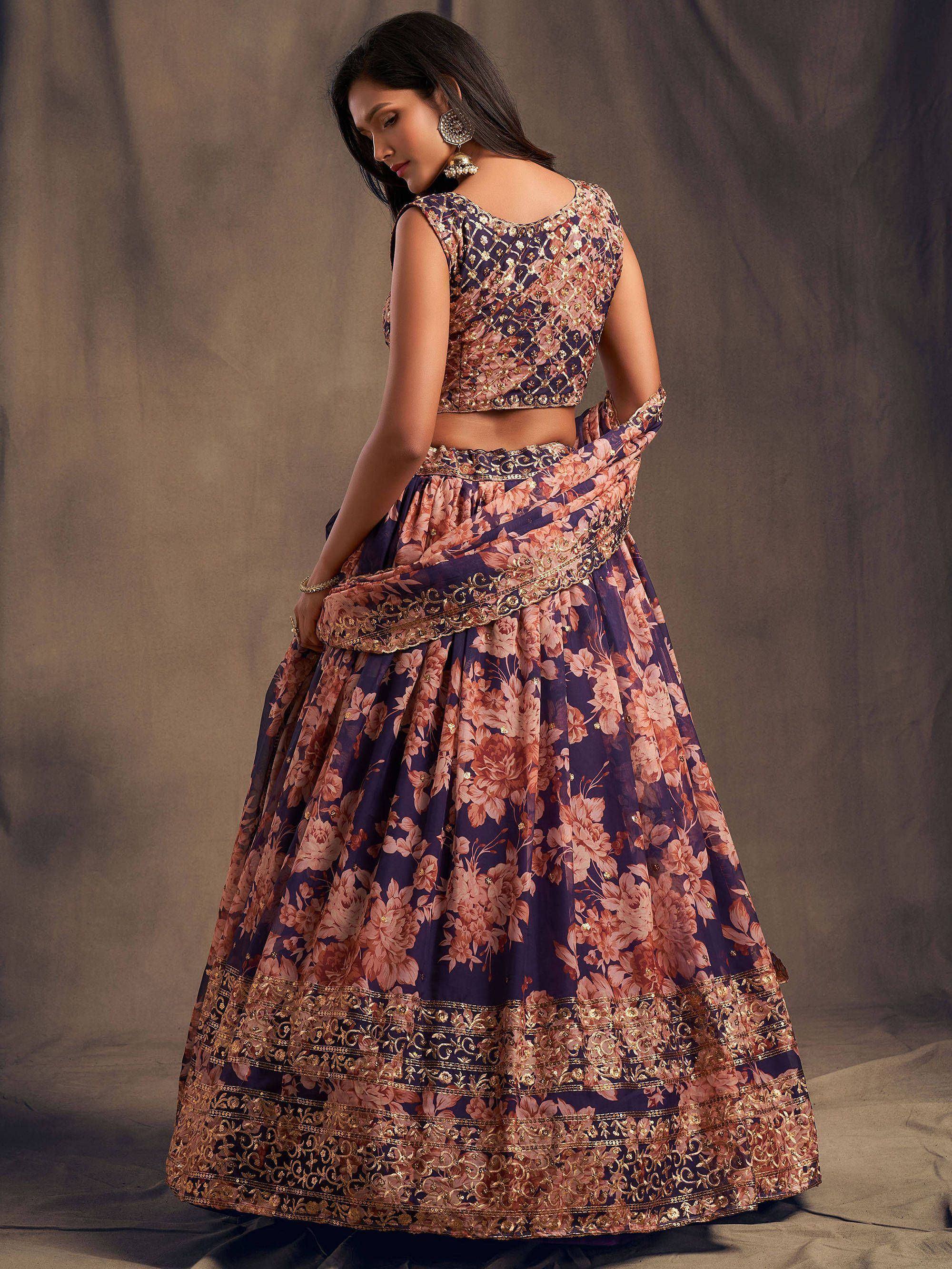 Elegant floral lehenga choli with gold embroidery, perfect for Indian ethnic occasions