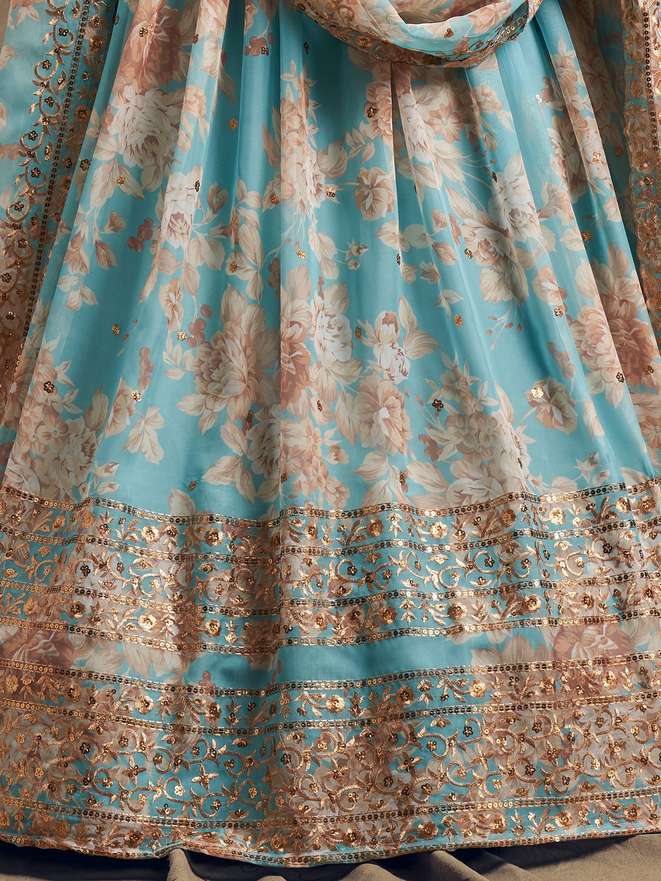 Majestic Blue Printed Organza Function Wear Plus Size Lehenga Choli