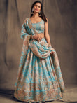 Majestic Blue Printed Organza Function Wear Plus Size Lehenga Choli
