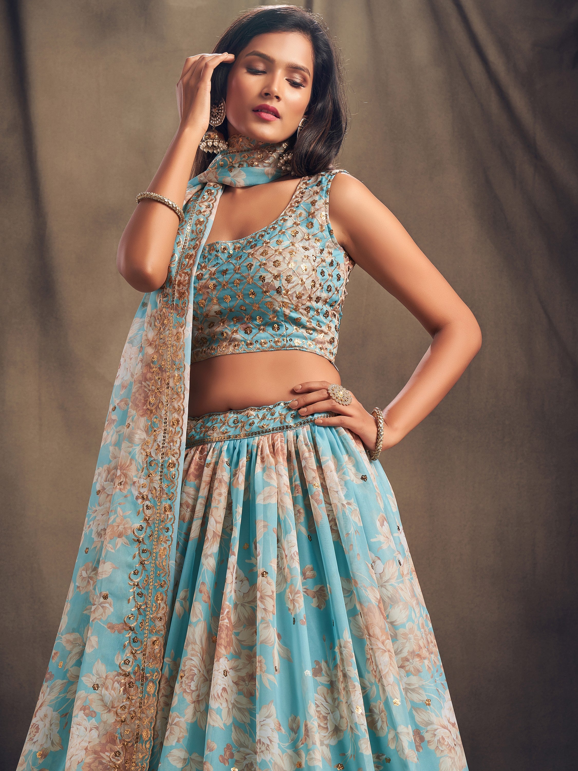 Majestic Blue Printed Organza Function Wear Plus Size Lehenga Choli