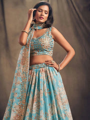 Sky Blue Floral Embroidered Organza Wedding Wear Lehenga Choli