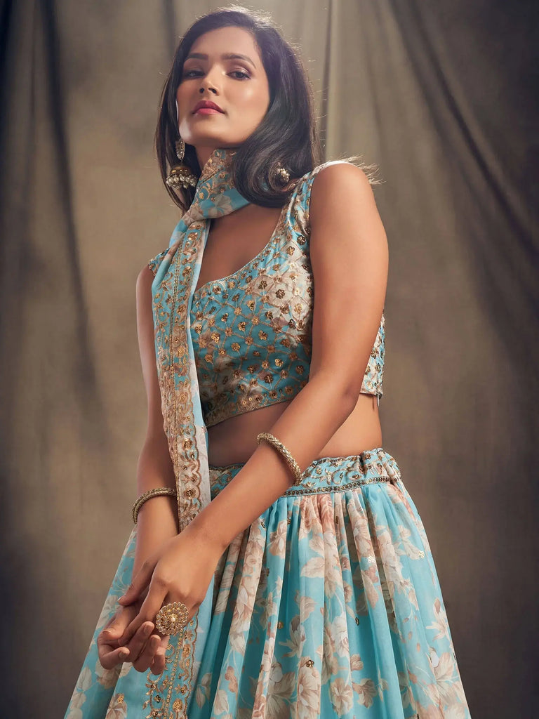 Sky Blue Floral Embroidered Organza Wedding Wear Lehenga Choli
