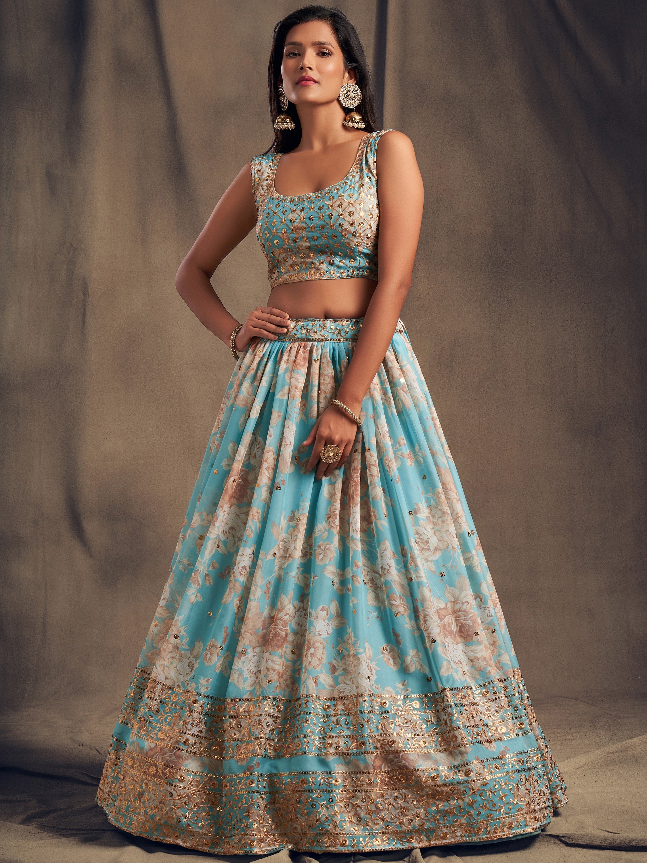 Majestic Blue Printed Organza Function Wear Plus Size Lehenga Choli