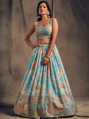 Majestic Blue Printed Organza Function Wear Plus Size Lehenga Choli