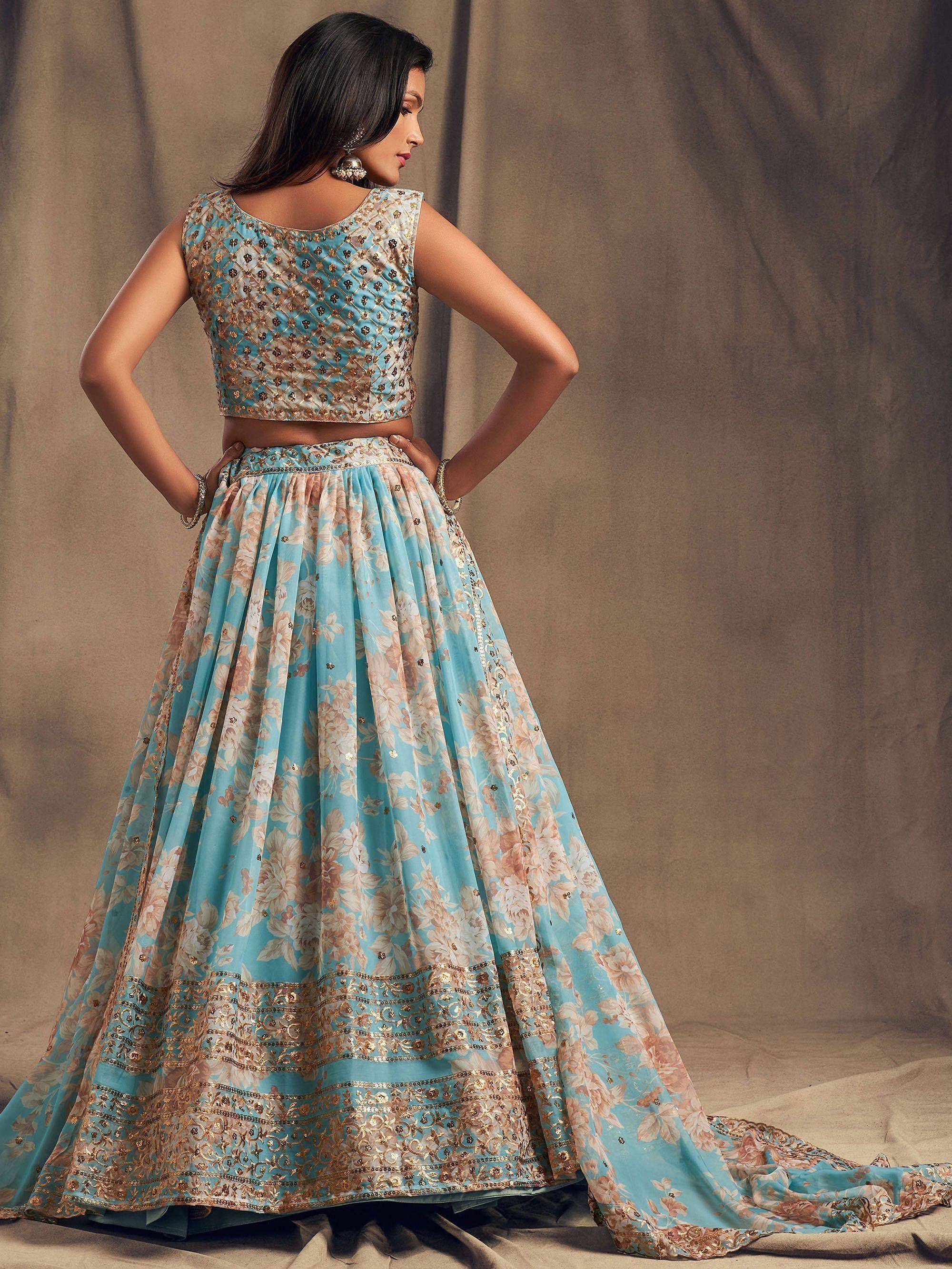 Blue floral lehenga choli with gold embroidery, Indian ethnic wear for women